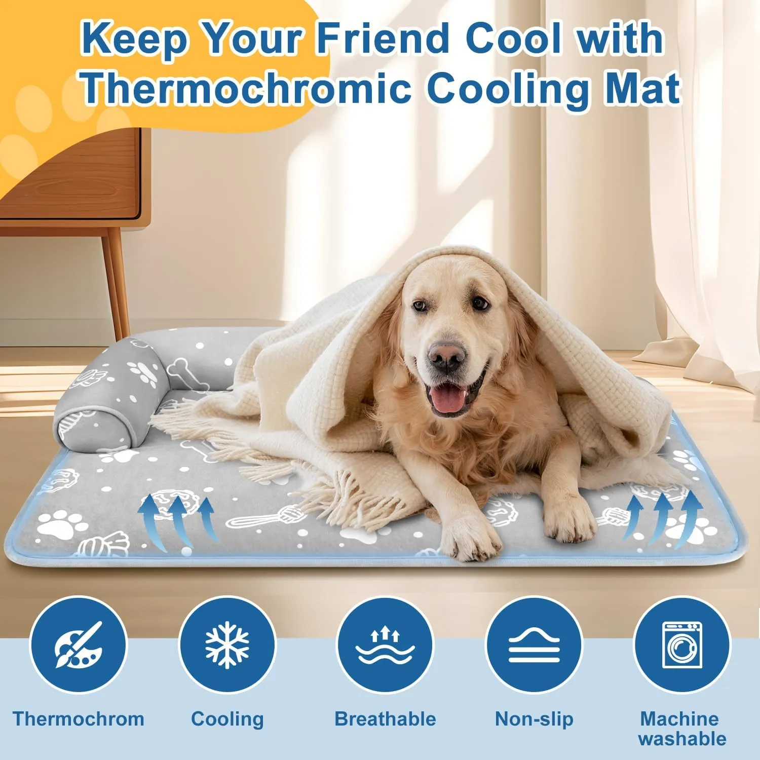 MH MYLUNE HOME Dog & Cat Cooling Mat with Supportive Pillows, 30"x20" Arc-Chill Fiber & Endothermic Color Changing Self Cooling Pad, Foldable & Washable Non-Toxic Summer Pet Blanket