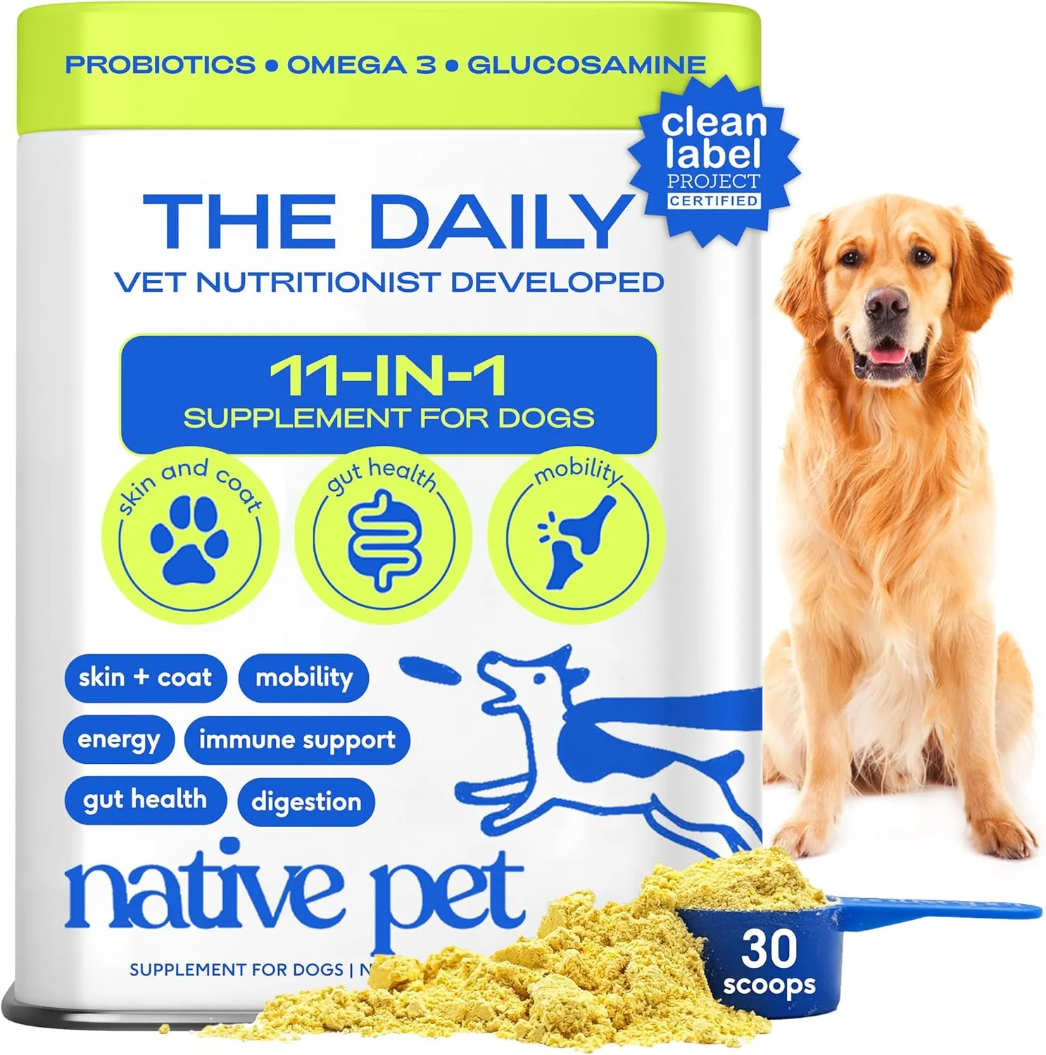 Native Pet Dog Vitamins & Supplements - 11-in-1 Multivitamin Powder for Dogs Food Topper - Collagen, Glucosamine, Probiotics, Omega & More- Supports Healthy Gut, Mobility & Overall Health -30 Scoops
