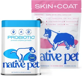Native Pet Omega Skin and Coat Chews for Dogs (60 Air-Dried Chews) & Probiotics Powder (60 Scoops) - Promotes Healthy Skin, Shiny Coat, Digestive & Gut Health Support