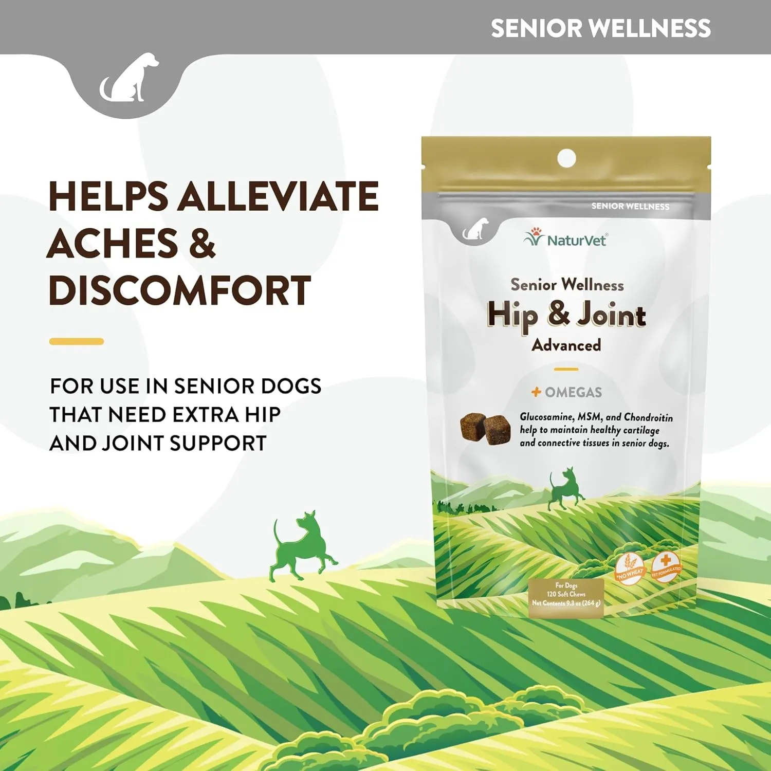 NaturVet  Senior Wellness Hip & Joint Advanced Plus Omegas | Help Support Your Pets Healthy Hip & Joint Function | Supports Joints, Cartilage & Connective Tissues | 120 Soft Chews