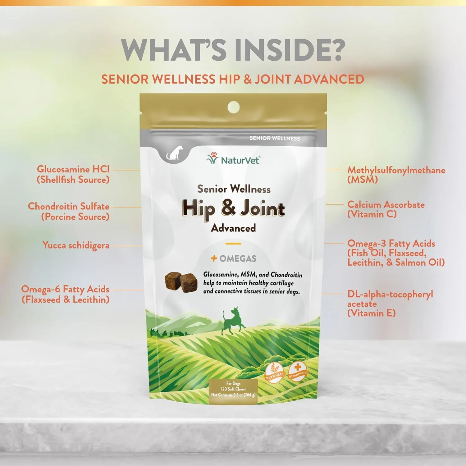 NaturVet  Senior Wellness Hip & Joint Advanced Plus Omegas | Help Support Your Pets Healthy Hip & Joint Function | Supports Joints, Cartilage & Connective Tissues | 120 Soft Chews
