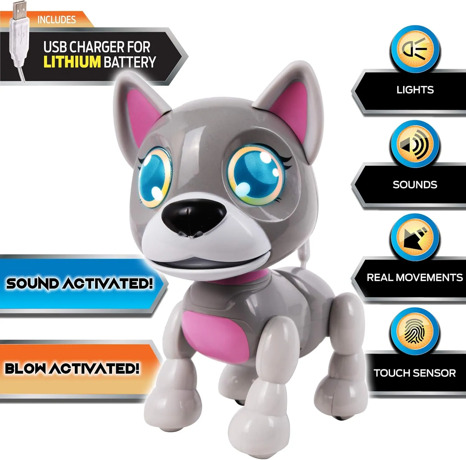 NKOK USB PetBotz - Robo Puppy, Rechargeable, Miniature, Interactive pet Robot, Lights up, Sound Activated, Makes Noises on Command, Comes with pet Bowl and Bone, USB Charger Included