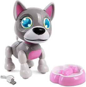NKOK USB PetBotz - Robo Puppy, Rechargeable, Miniature, Interactive pet Robot, Lights up, Sound Activated, Makes Noises on Command, Comes with pet Bowl and Bone, USB Charger Included