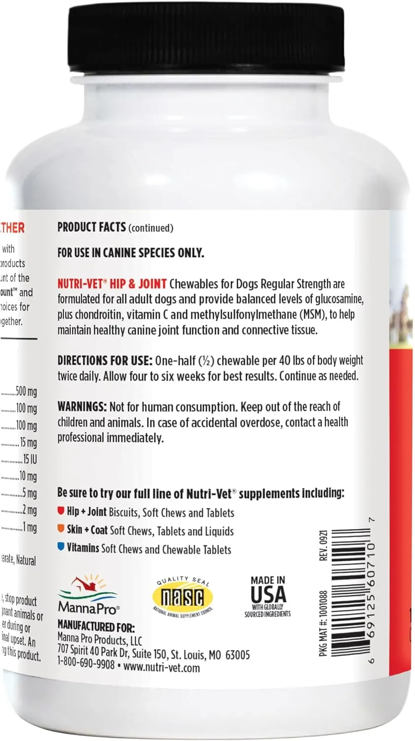 Nutri-Vet Hip & Joint Chewable Dog Supplements - Formulated with Glucosamine & Chondroitin for Dogs - 180 Count