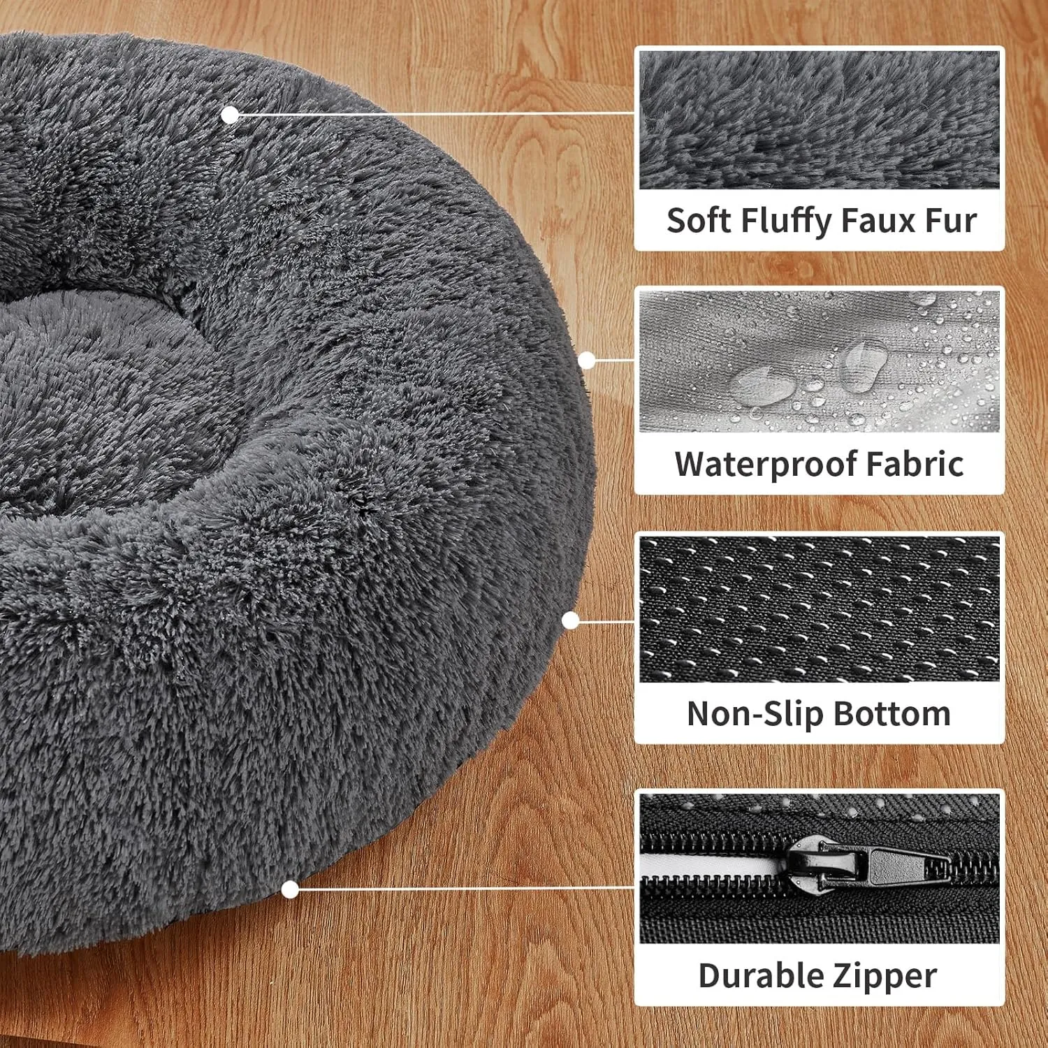 OhGeni Calming Donut Dog Bed Pillow for Large Pets, Machine Washable Removable Cover, Comfort Plush Fluffy Faux Fur with Anti-Slip Bottom, Cats-Friendly Round Cuddly Design, Gray, 36 inches