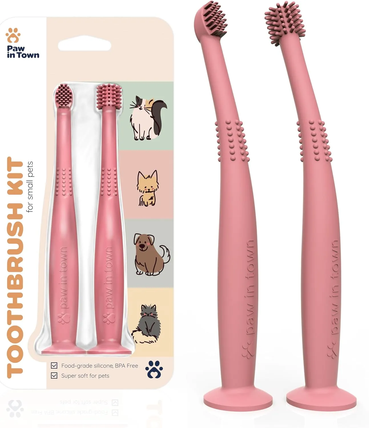 PAWINTOWN Soft Cat Toothbrush Set  Suitable for Dogs  Food Grade Silicone  Dental Care, Teeth Cleaning, Tooth Brushing Kit (Blushing Flamingo)