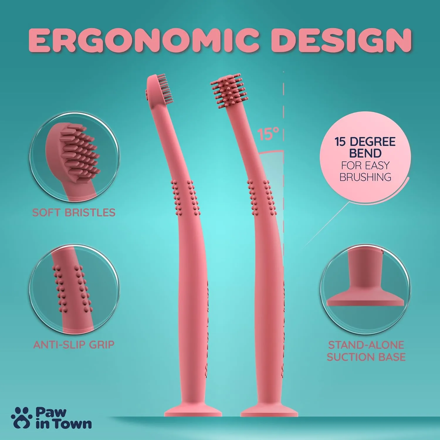 PAWINTOWN Soft Cat Toothbrush Set  Suitable for Dogs  Food Grade Silicone  Dental Care, Teeth Cleaning, Tooth Brushing Kit (Blushing Flamingo)
