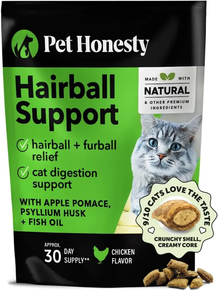 Pet Honesty Cat Hairball Support Crunchy & Creamy Chews, Hairball Remedy Treats, Cat Furball Treatment, Supports Skin & Coat, Vitamins for Digestion, Chicken (30-Day Supply)