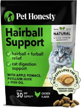 Pet Honesty Cat Hairball Support Crunchy & Creamy Chews, Hairball Remedy Treats, Cat Furball Treatment, Supports Skin & Coat, Vitamins for Digestion, Chicken (30-Day Supply)