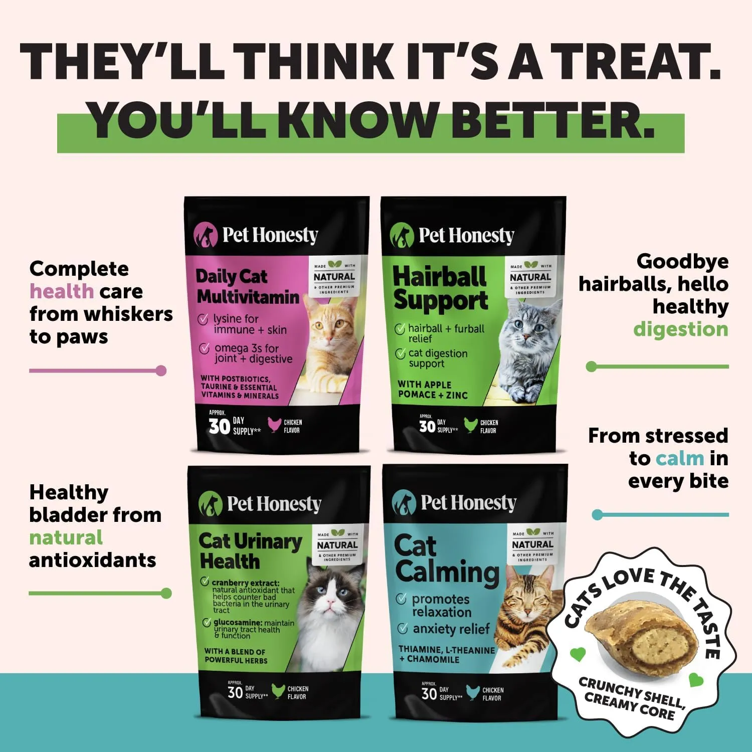 Pet Honesty Cat Hairball Support Crunchy & Creamy Chews, Hairball Remedy Treats, Cat Furball Treatment, Supports Skin & Coat, Vitamins for Digestion, Chicken (30-Day Supply)