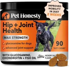 Pet Honesty Hip & Joint Health Max Strength - Natural Joint Supplement for Dogs Chews - Glucosamine, Omega-3s, Chondroitin, Green Lipped Mussel - Help Improve Mobility, May Reduce Discomfort (90 ct)