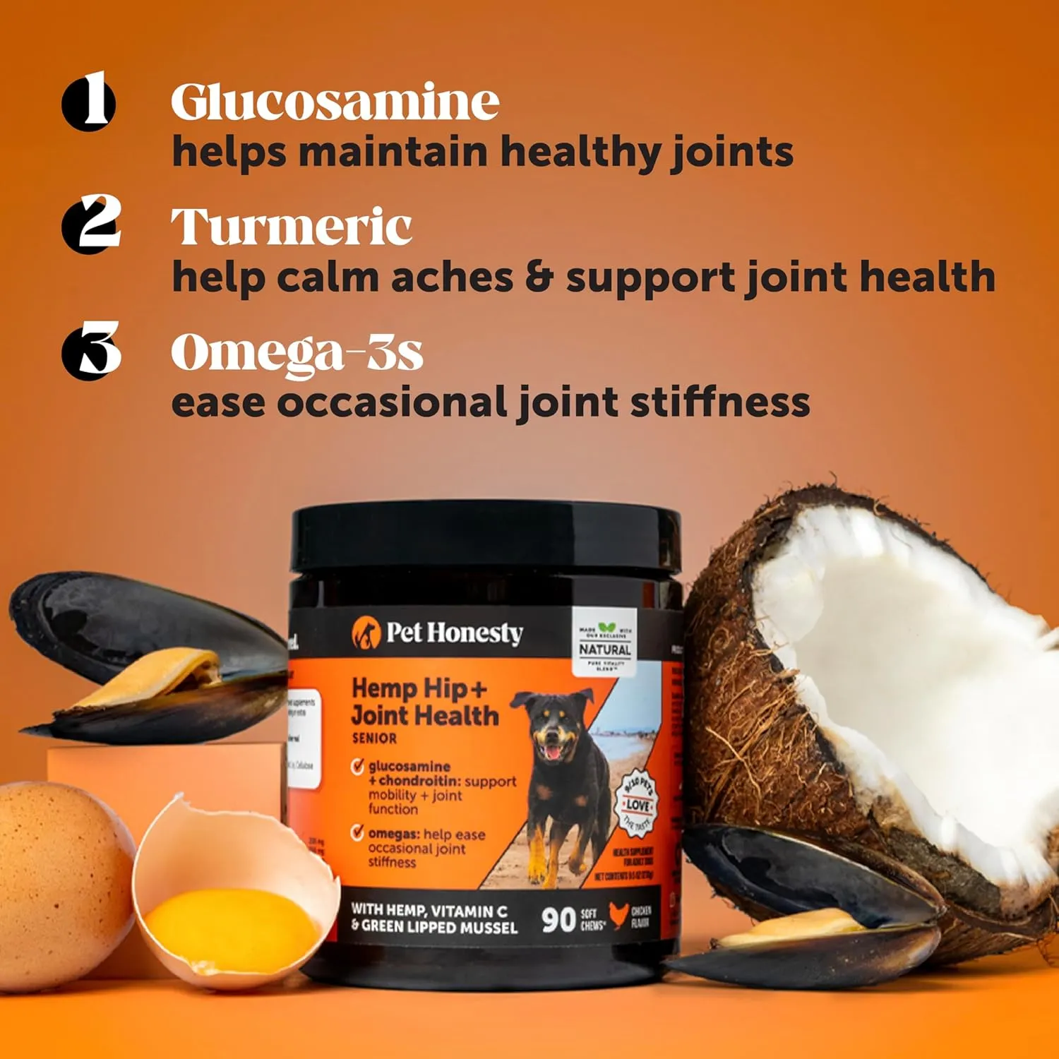 Pet Honesty Senior Hemp Hip & Joint Supplement for Dogs - Dog Joint Supplement with Hemp Oil & Powder, Glucosamine, Collagen, MSM & Green Lipped Mussel - Mobility for Senior Dogs (Chicken 90)