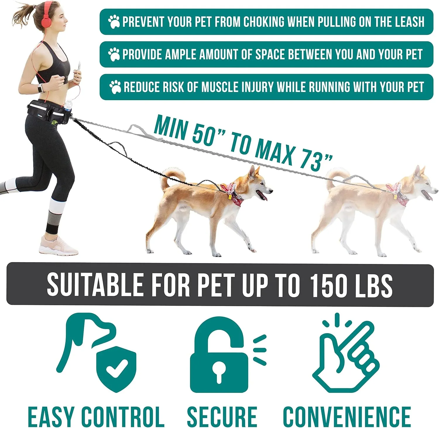 PetAmi Hands Free Dog Leash, Dog Running Leash Belt Bag for Walking, Jogging, Dog Waist Double Zipper Pouch with Poop Bag Dispenser, Dual Padded Handles Reflective Bungee Leash, Double (Black)