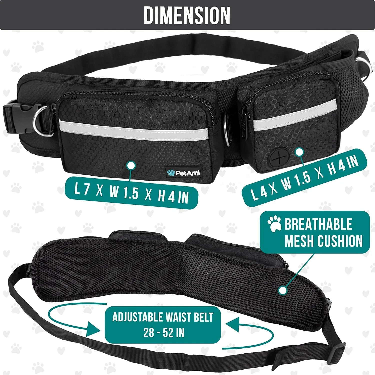 PetAmi Hands Free Dog Leash, Dog Running Leash Belt Bag for Walking, Jogging, Dog Waist Double Zipper Pouch with Poop Bag Dispenser, Dual Padded Handles Reflective Bungee Leash, Double (Black)