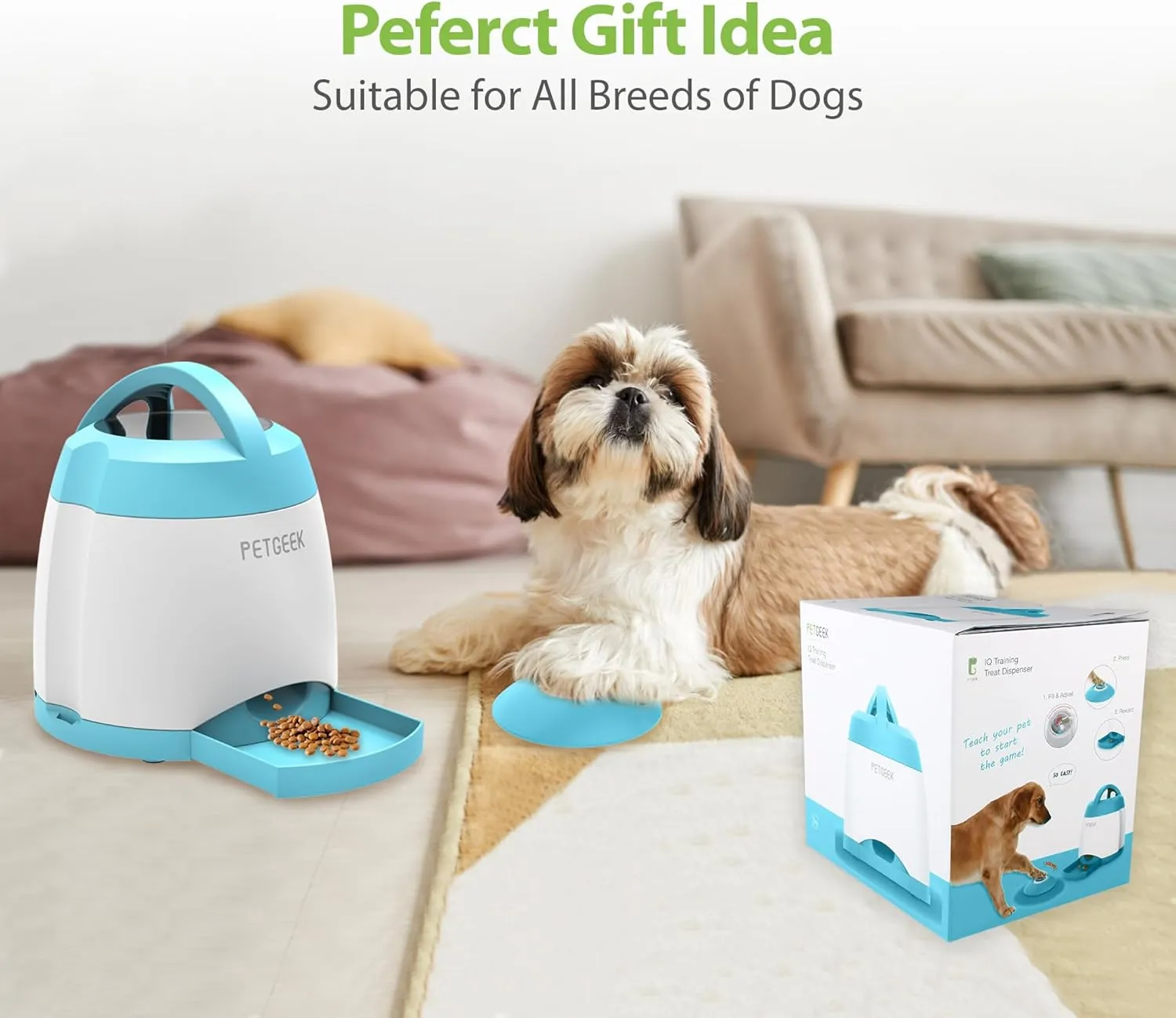 PETGEEK Dog Food Dispenser Toy, Treat Dispensing Dog Toys for IQ Training, Interactive Puzzle Toys to Keep Them Busy, 3000mAh USB Rechargeable Pet Treat Dispenser with Push Remote Button, 400ml