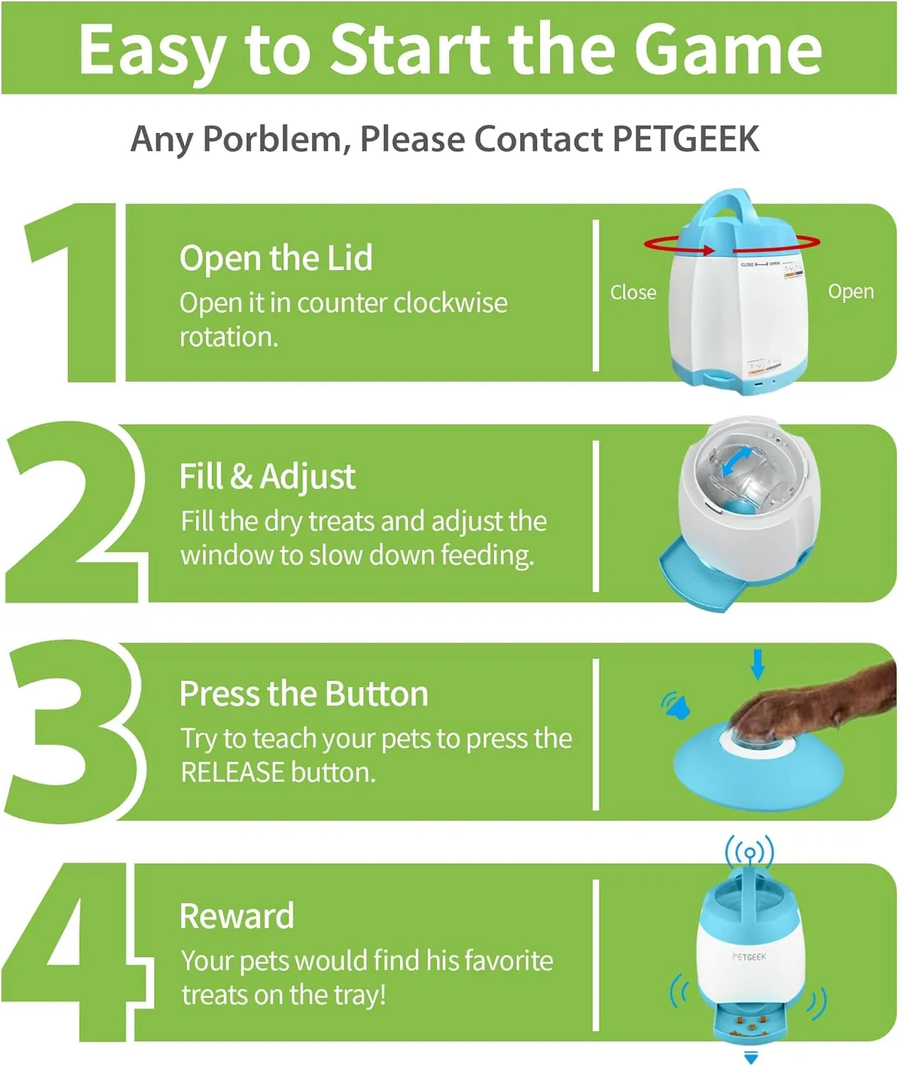 PETGEEK Dog Food Dispenser Toy, Treat Dispensing Dog Toys for IQ Training, Interactive Puzzle Toys to Keep Them Busy, 3000mAh USB Rechargeable Pet Treat Dispenser with Push Remote Button, 400ml
