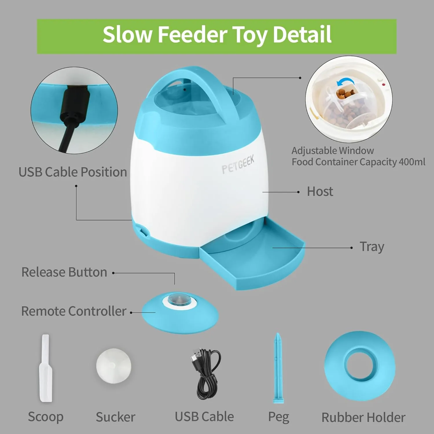 PETGEEK Dog Food Dispenser Toy, Treat Dispensing Dog Toys for IQ Training, Interactive Puzzle Toys to Keep Them Busy, 3000mAh USB Rechargeable Pet Treat Dispenser with Push Remote Button, 400ml
