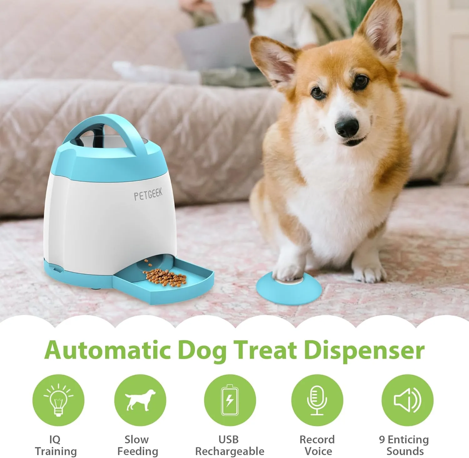 PETGEEK Dog Food Dispenser Toy, Treat Dispensing Dog Toys for IQ Training, Interactive Puzzle Toys to Keep Them Busy, 3000mAh USB Rechargeable Pet Treat Dispenser with Push Remote Button, 400ml