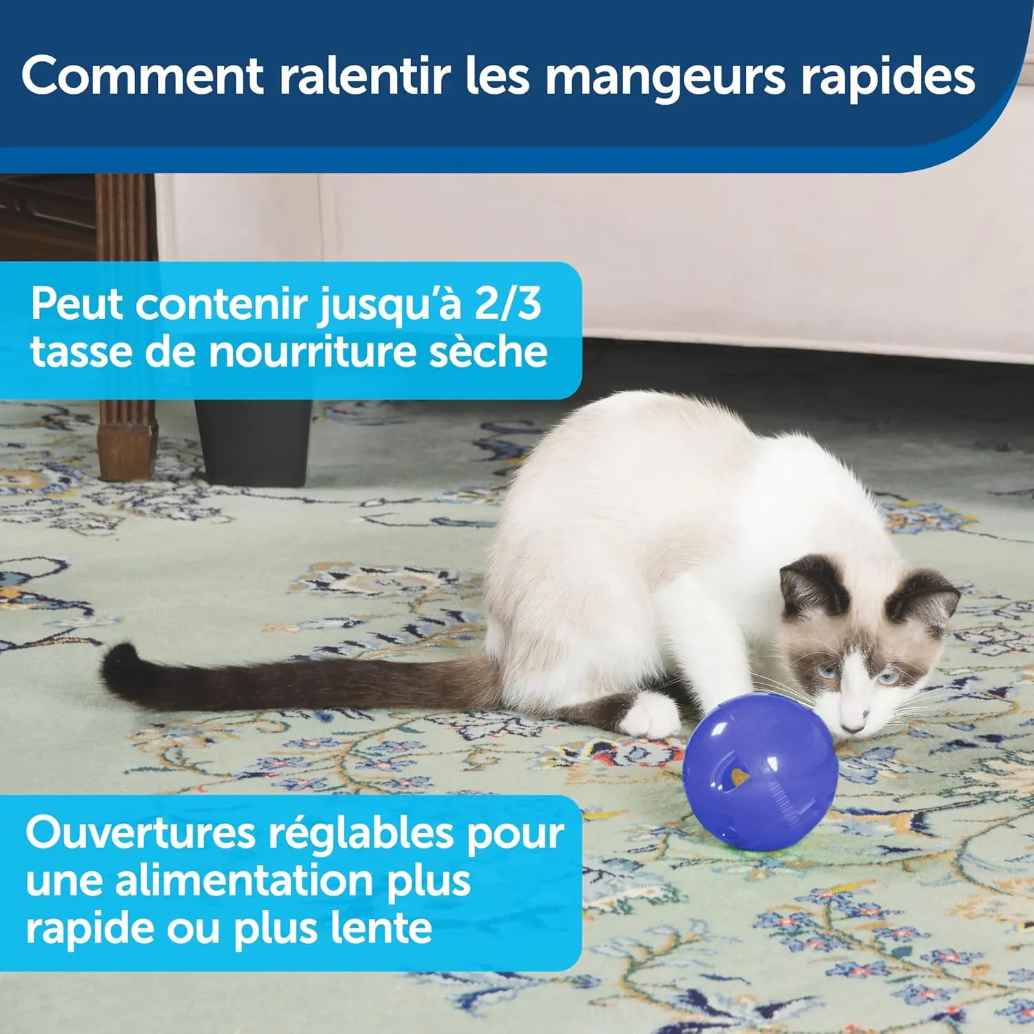 PetSafe Slimcat Slow Feeder Ball for Cats - Interactive Puzzle Game for Your Cat - Fill with Food and Treats - Great for Indoor Play for Kittens and Adult Cats, Portion Control and Fast Eaters (Blue)