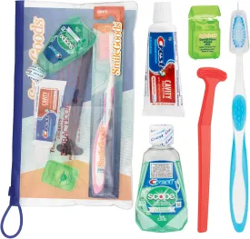 Practicon Adult Dental Care Kit, Travel Size Bundle w/Toothbrush with Cover, Crest Toothpaste, Floss, Tongue Cleaner and Scope Mouthwash, TSA Compliant Oral Care Kit