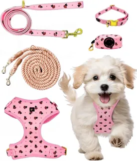 Premium No-Pull Dog Harness 5-Piece Set with Matching Hands Free Rope Leash, Collar, Leash & Poop Bag Dispenser (Small, 5.5-14.5 Lbs, Pink)