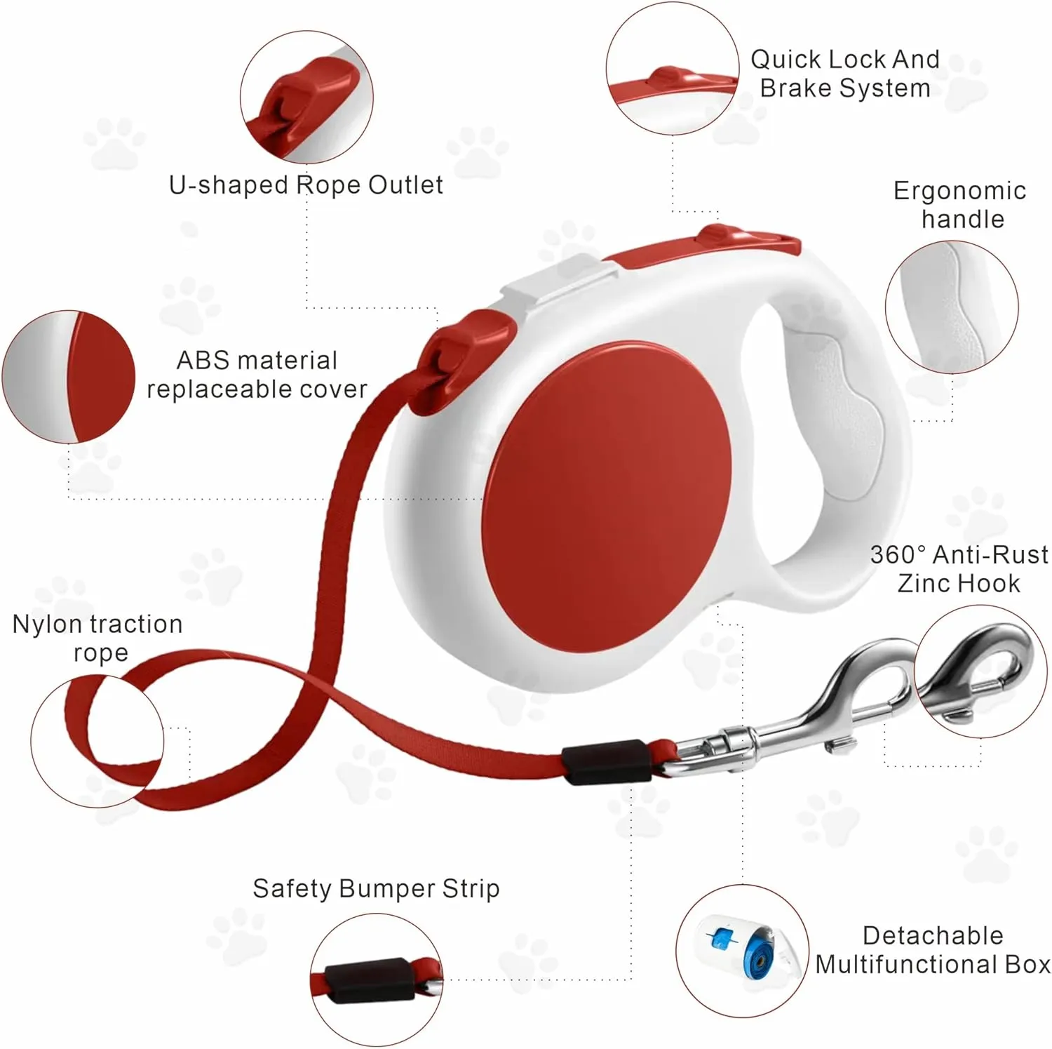 Retractable Dog Leash, 16 ft Lightweight, with Waste Bag Dispenser, Tangle-Free, for Dogs up to 110 lbs,Cinnabar Red