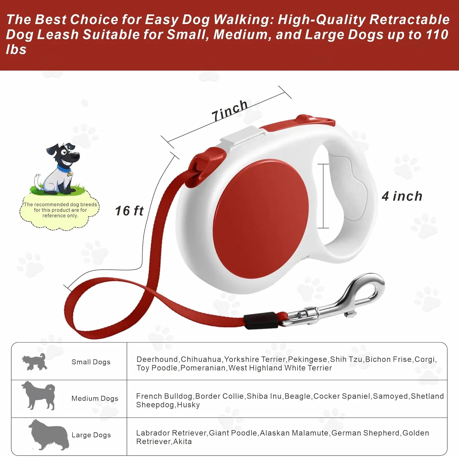 Retractable Dog Leash, 16 ft Lightweight, with Waste Bag Dispenser, Tangle-Free, for Dogs up to 110 lbs,Cinnabar Red