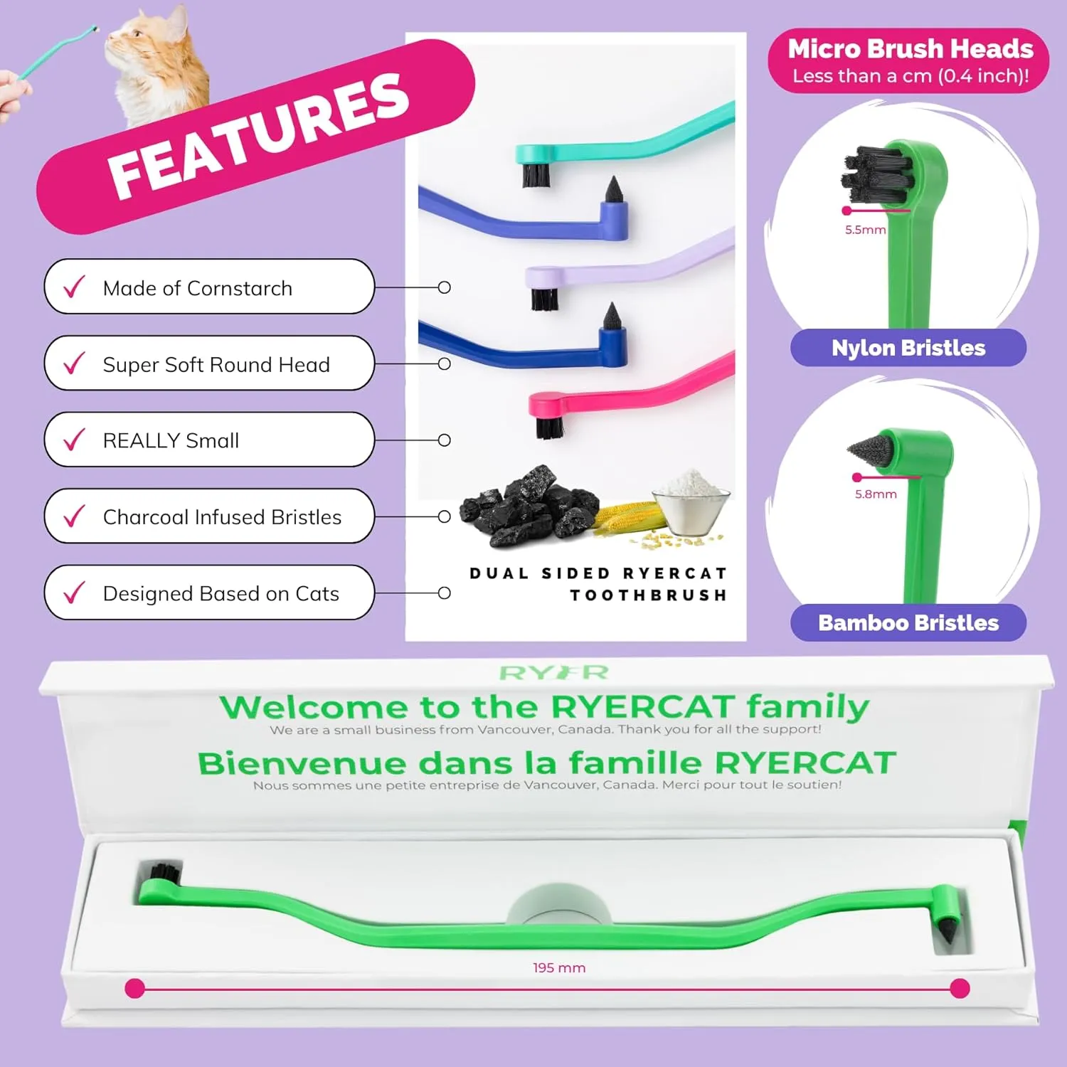 RYERCAT Dual-Sided Cat Toothbrush  Gentle Care for Your Kittens Smile! Micro Head for Easy Cleaning & Healthy (Shamrock)