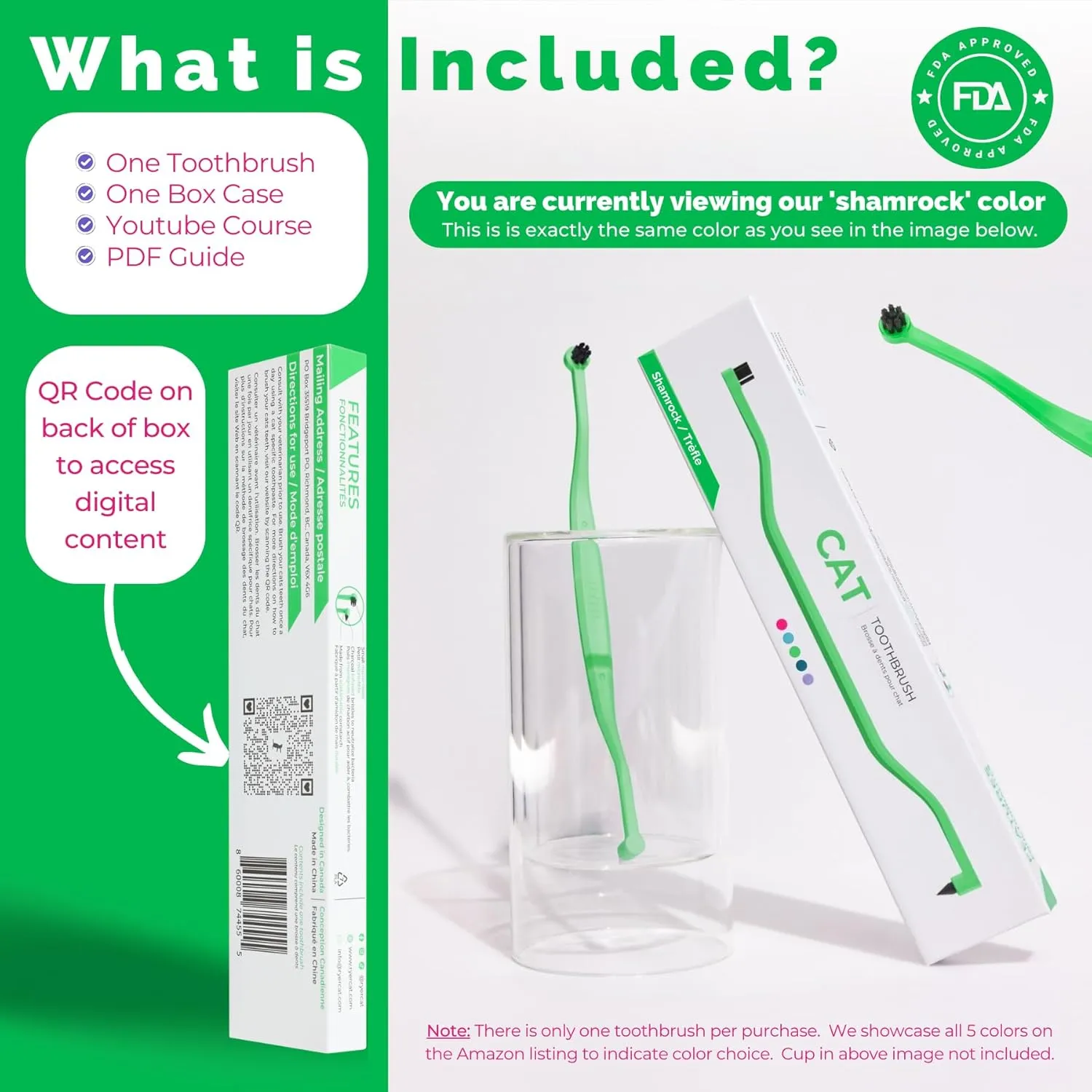 RYERCAT Dual-Sided Cat Toothbrush  Gentle Care for Your Kittens Smile! Micro Head for Easy Cleaning & Healthy (Shamrock)