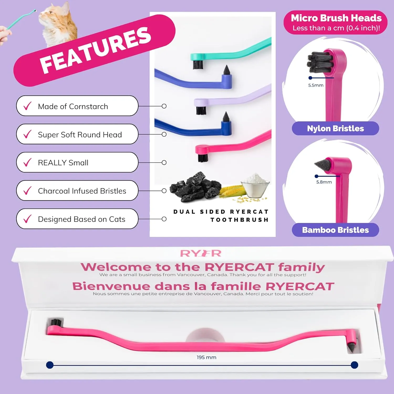 RYERCAT Dual Sided Cat Toothbrush - Kitten Toothbrush with Micro Head to fit into Cat/Kittens Mouth - Cat Dental Care Supplies - Pet Toothbrush for Cats (Flamingo Pink)