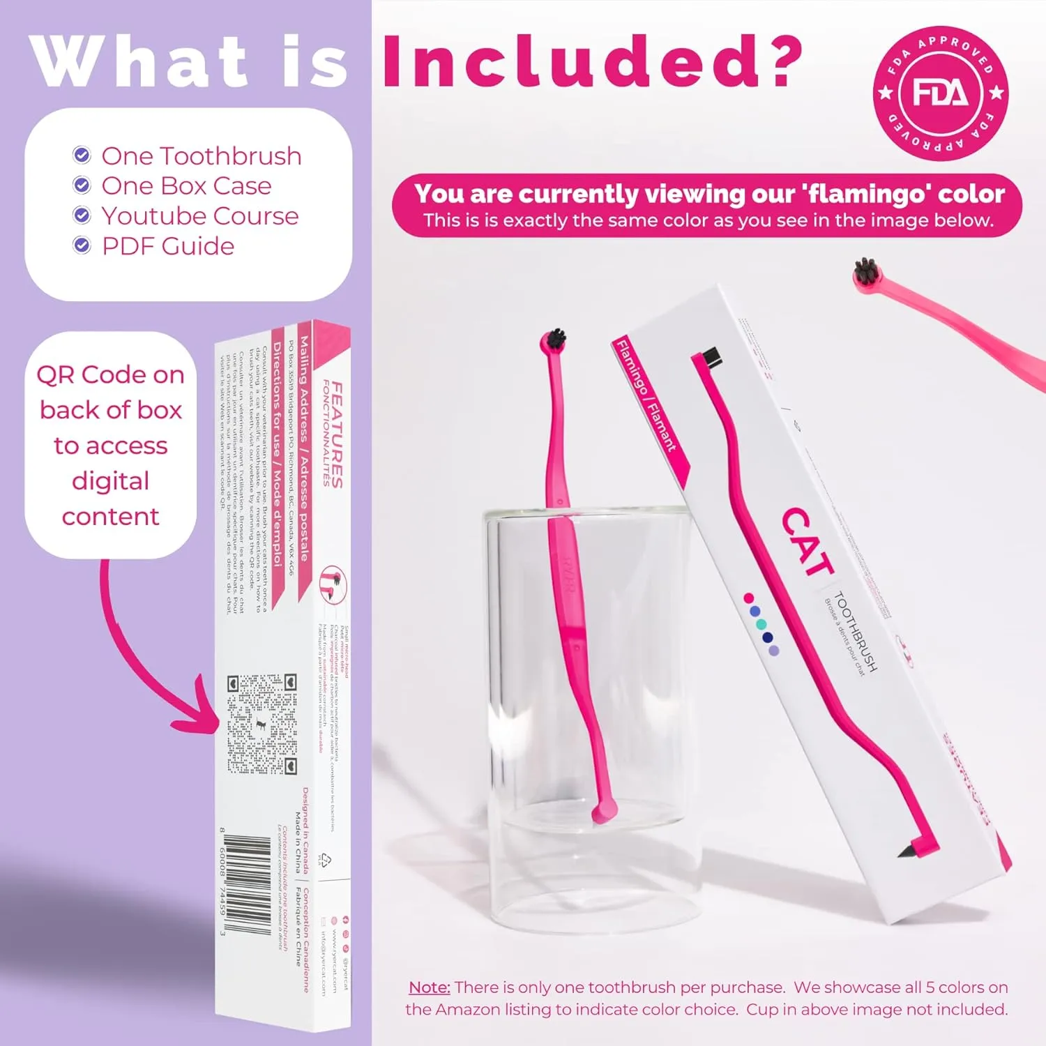 RYERCAT Dual Sided Cat Toothbrush - Kitten Toothbrush with Micro Head to fit into Cat/Kittens Mouth - Cat Dental Care Supplies - Pet Toothbrush for Cats (Flamingo Pink)