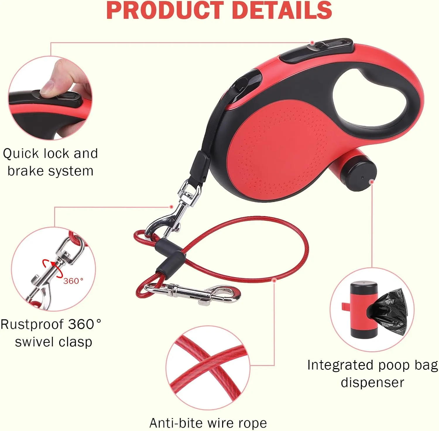 SCENEREAL Retractable Dog Leash for Small Medium Large Dogs up to 110lbs, 26ft 360 Tangle-Free Nylon Tape with Anti-Chewing Wire Rope&Waste Bag Dispenser, Heavy Duty Long Durable One-Handed Brake