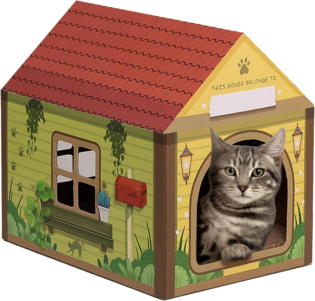 SEKAM Cardboard Cat House with Scratcher/Catnip, 16.5''L x 12''W x 15''H, Forest Cabin Cat Scratch, Customized Name Space for Indoor Cats