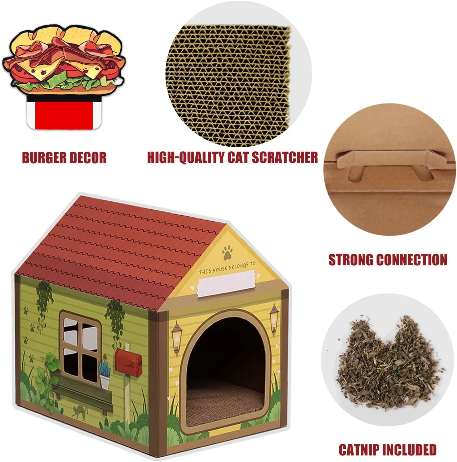 SEKAM Cardboard Cat House with Scratcher/Catnip, 16.5''L x 12''W x 15''H, Forest Cabin Cat Scratch, Customized Name Space for Indoor Cats