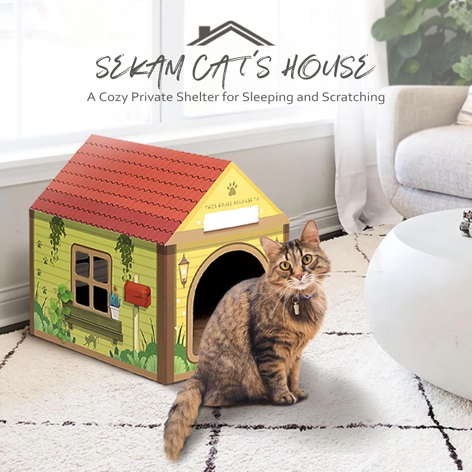SEKAM Cardboard Cat House with Scratcher/Catnip, 16.5''L x 12''W x 15''H, Forest Cabin Cat Scratch, Customized Name Space for Indoor Cats
