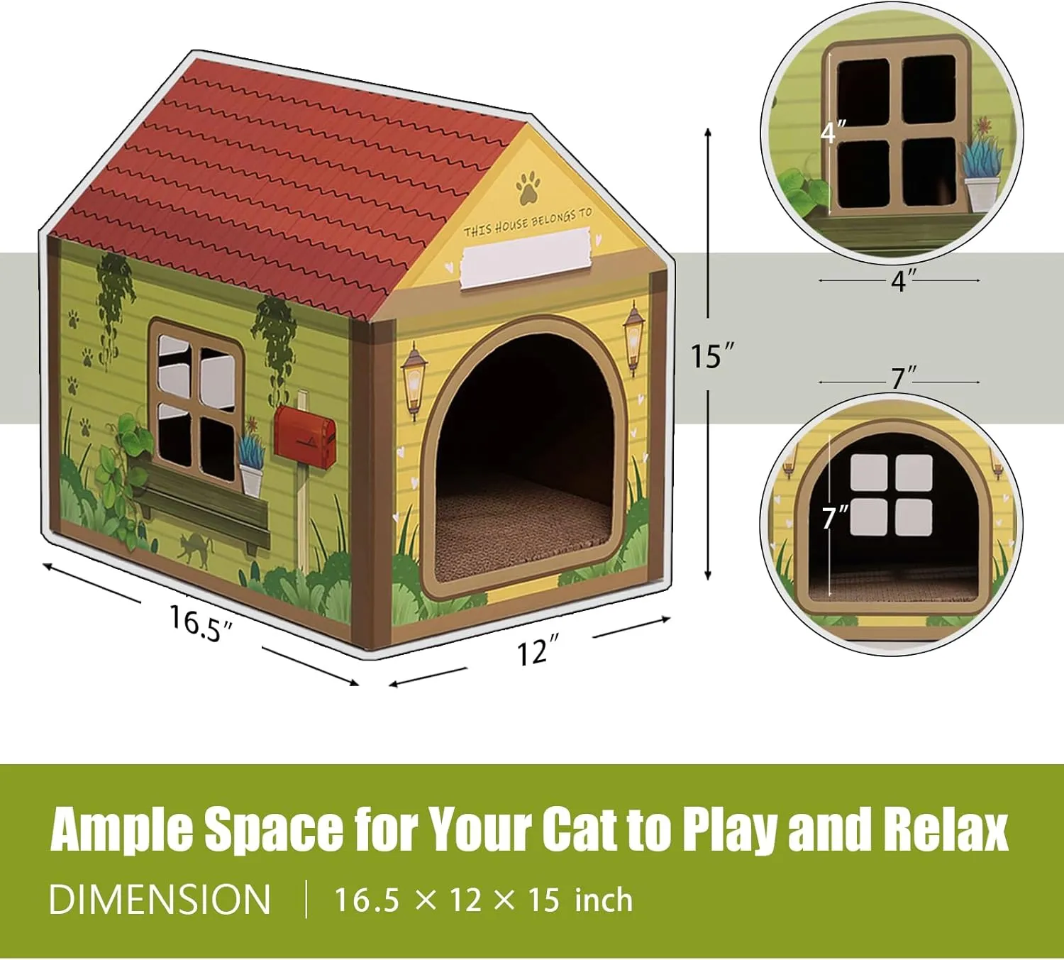 SEKAM Cardboard Cat House with Scratcher/Catnip, 16.5''L x 12''W x 15''H, Forest Cabin Cat Scratch, Customized Name Space for Indoor Cats