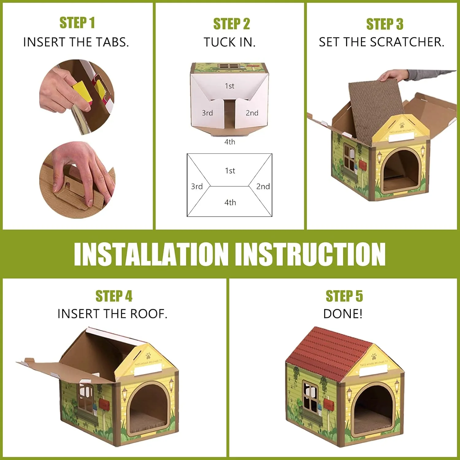 SEKAM Cardboard Cat House with Scratcher/Catnip, 16.5''L x 12''W x 15''H, Forest Cabin Cat Scratch, Customized Name Space for Indoor Cats