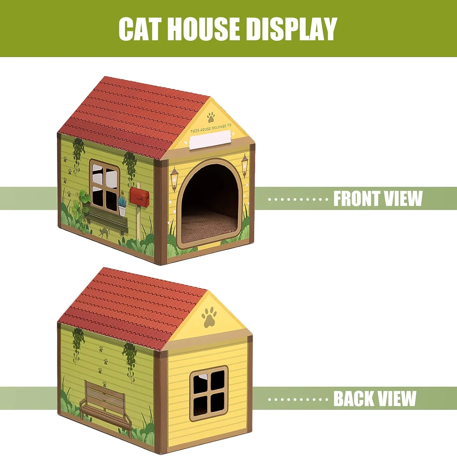 SEKAM Cardboard Cat House with Scratcher/Catnip, 16.5''L x 12''W x 15''H, Forest Cabin Cat Scratch, Customized Name Space for Indoor Cats