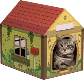 SEKAM Cardboard Cat House with Scratcher/Catnip, 16.5''L x 12''W x 15''H, Forest Cabin Cat Scratch, Customized Name Space for Indoor Cats
