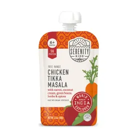 Serenity Kids 6  Months World Explorers Chicken Tikka Masala Baby Food Pouches - Puree with Ethically Sourced Meats & Organic Veggies - 3.5 Ounce BPA-Free - 12 Count