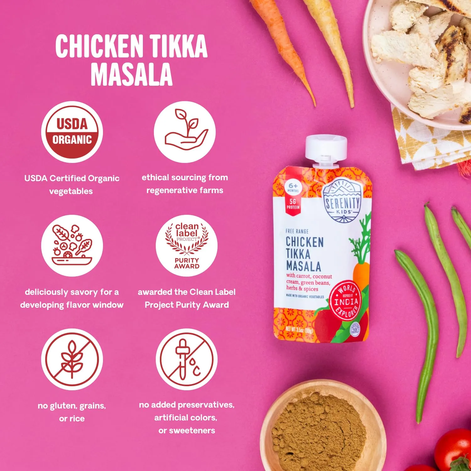 Serenity Kids 6  Months World Explorers Chicken Tikka Masala Baby Food Pouches - Puree with Ethically Sourced Meats & Organic Veggies - 3.5 Ounce BPA-Free - 12 Count