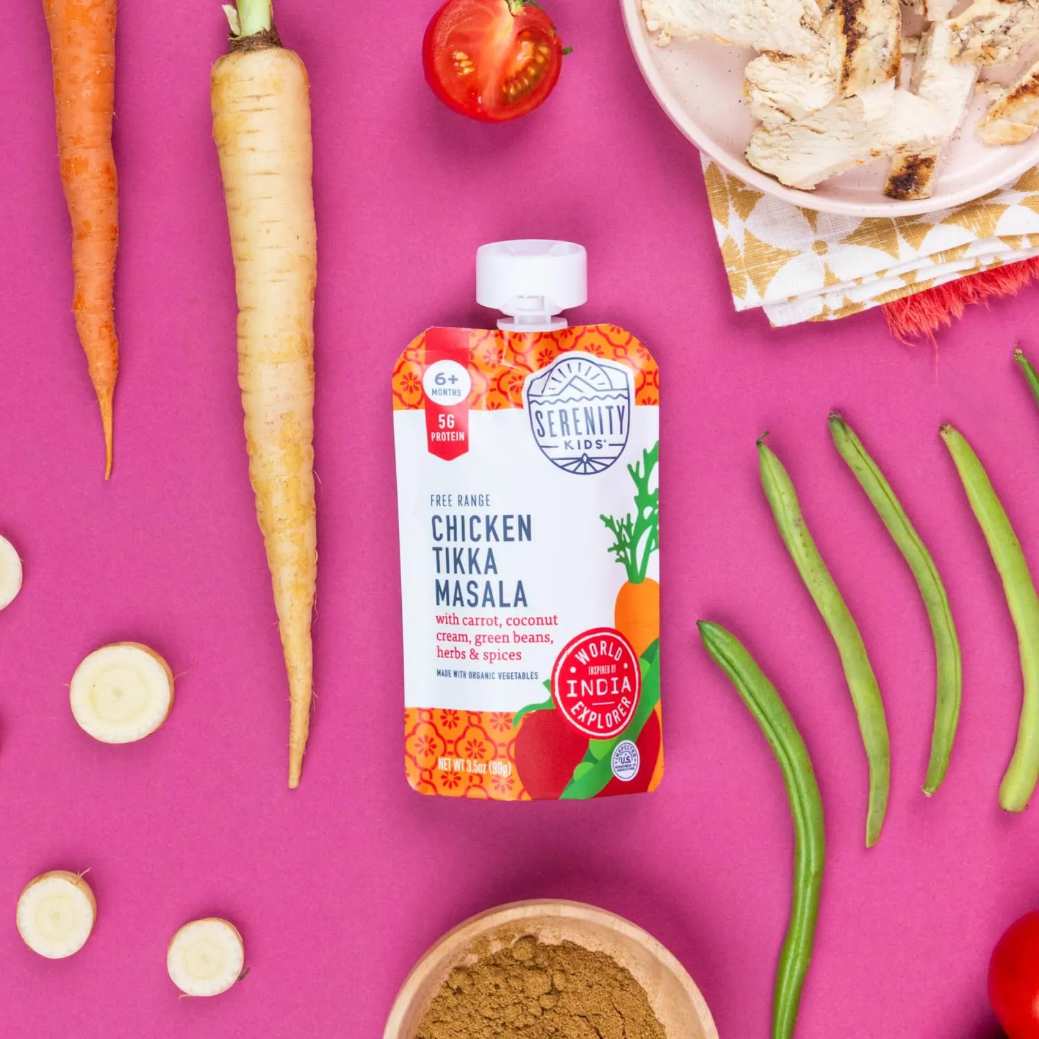 Serenity Kids 6  Months World Explorers Chicken Tikka Masala Baby Food Pouches - Puree with Ethically Sourced Meats & Organic Veggies - 3.5 Ounce BPA-Free - 12 Count