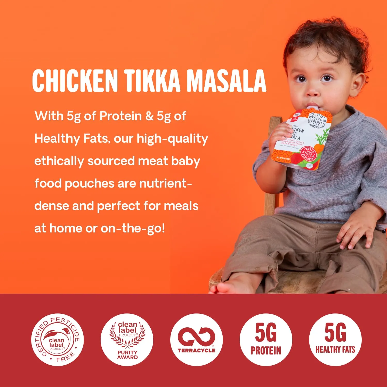 Serenity Kids 6  Months World Explorers Chicken Tikka Masala Baby Food Pouches - Puree with Ethically Sourced Meats & Organic Veggies - 3.5 Ounce BPA-Free - 12 Count
