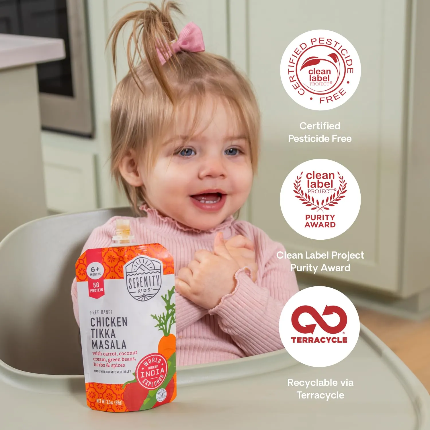Serenity Kids 6  Months World Explorers Chicken Tikka Masala Baby Food Pouches - Puree with Ethically Sourced Meats & Organic Veggies - 3.5 Ounce BPA-Free - 12 Count