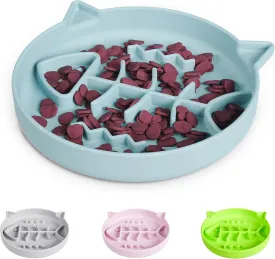 Silicone Cat Slow Feeder Bowl with Suction Cups, Puzzle Feeder, Interactive Toys for Cats, Reduces Overeating (Blue, 1 Cup)