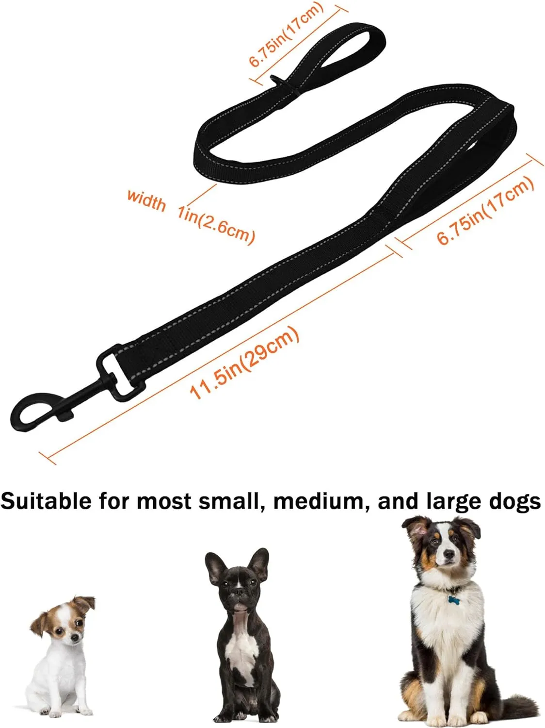 Solmoony 4FT Black Strong Dog Leash with 2 Padded Handles, Traffic Handle Extra Control, Double-Sided Reflective Walking Lead for Small Medium and Large Dogs(Black, 4FT)