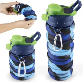 Spacesaver Collapsible Water Bottle - Foldable - Silicone - Travel Water Bottle Collapsible - Lightweight, Portable, Compact - Camping, Hiking, Traveling - Blue Rainbow