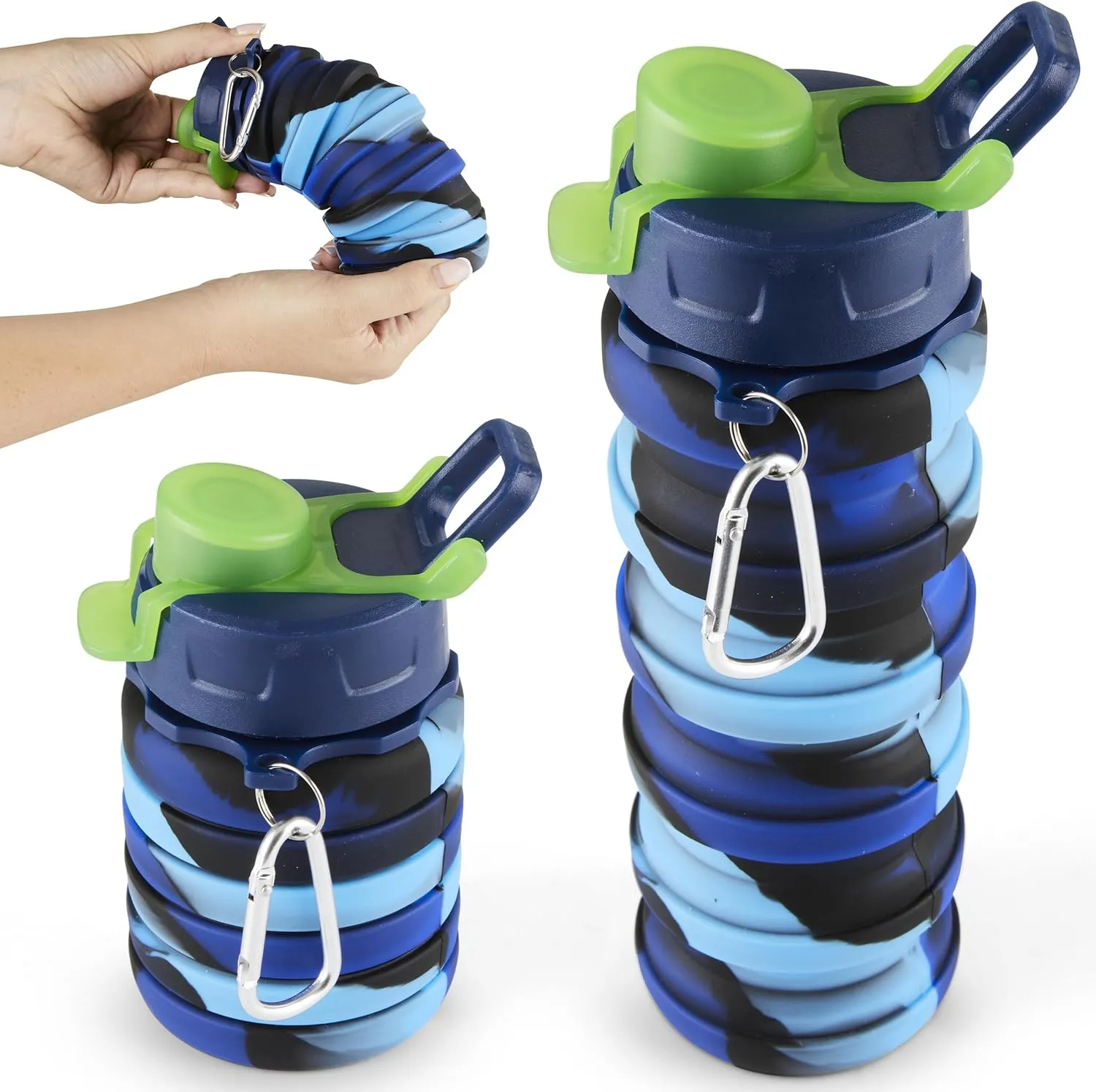 Spacesaver Collapsible Water Bottle - Foldable - Silicone - Travel Water Bottle Collapsible - Lightweight, Portable, Compact - Camping, Hiking, Traveling - Blue Rainbow