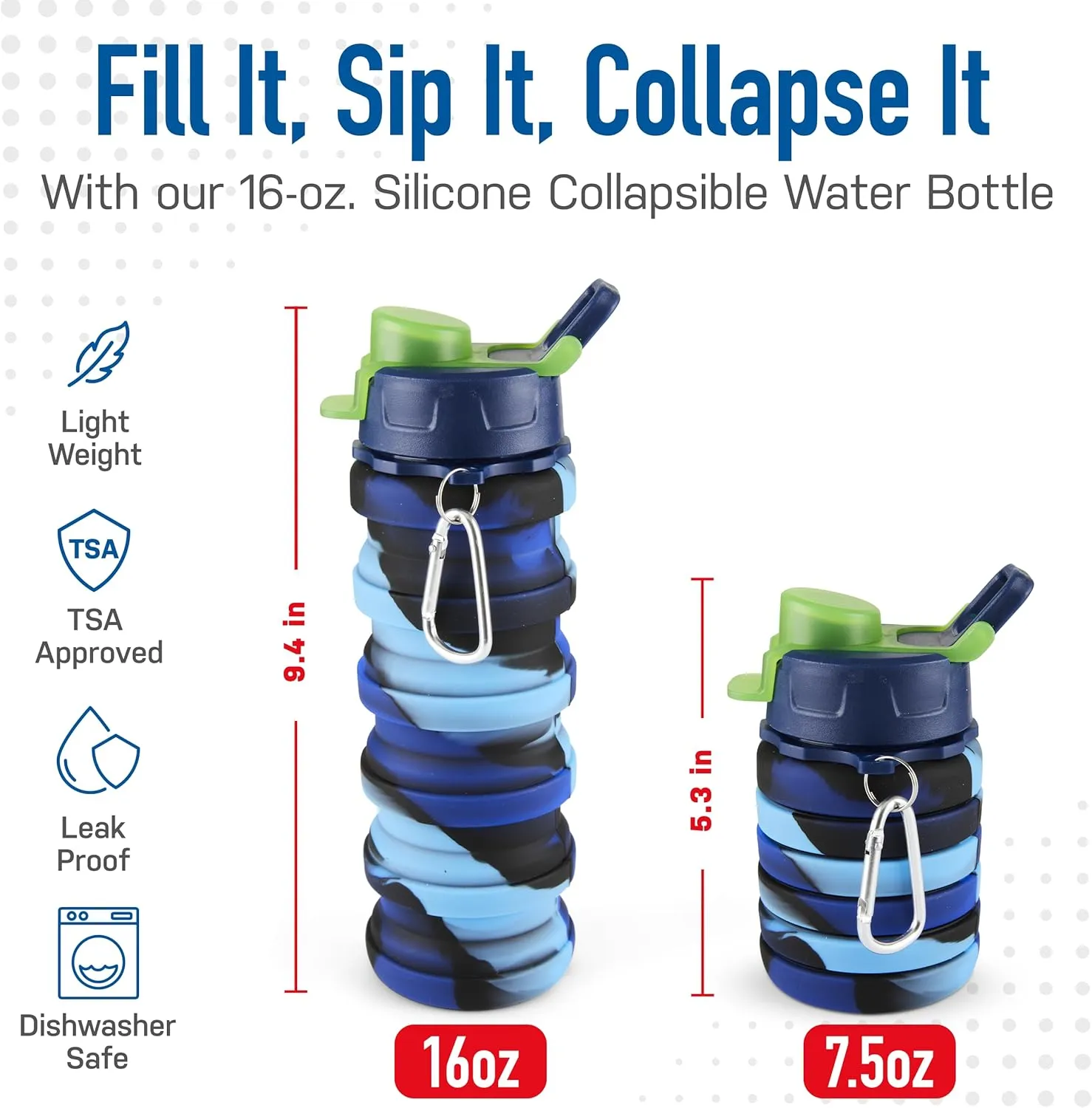 Spacesaver Collapsible Water Bottle - Foldable - Silicone - Travel Water Bottle Collapsible - Lightweight, Portable, Compact - Camping, Hiking, Traveling - Blue Rainbow