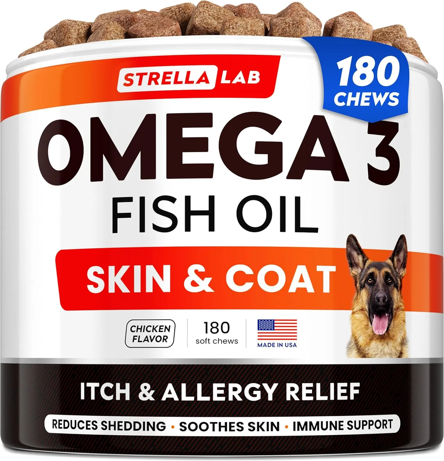STRELLALAB Omega 3 for Dogs - (180Ct) Fish Oil Treats - Allergy & Itch Relief Skin & Coat Supplement - Dry Itchy Skin, Anti Shedding & Hot Spots Treatment - Pet Salmon Oil Chews - Chicken Flavor